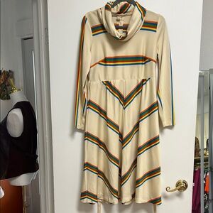 Vintage 70s Cream Rainbow Striped Cowl Neck Long Sleeve Dress Medium
